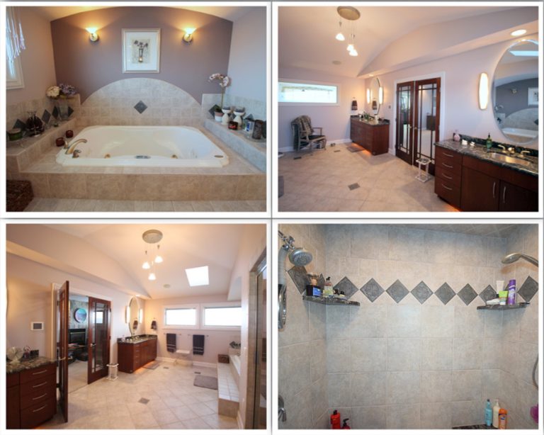 four panel image of bathroom with tub, shower, sink, flooring